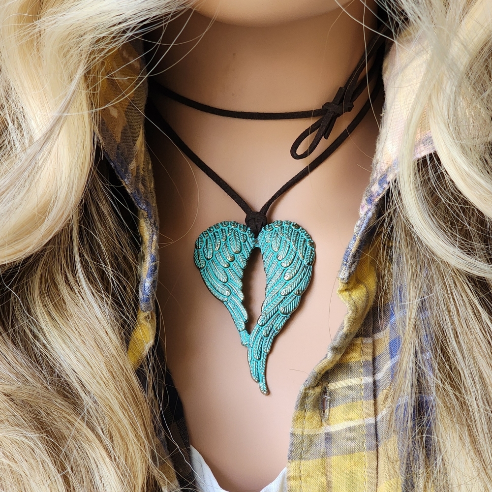 Anthropologie Jewelry "Antique Gold" Green Patina Heart Wings Black Cord